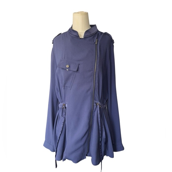 CHICOS Sheer Back Jacket Women's 2 Large Blue Roll Tab Sleeve Full Zip - Picture 2 of 9